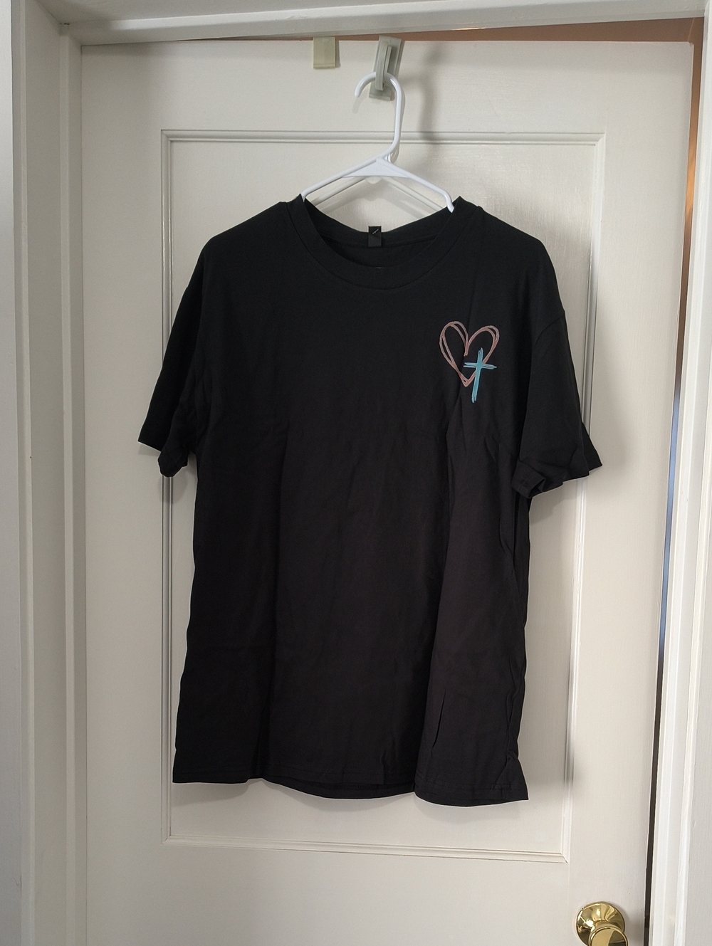 Black Short-Sleeve Graphic Tee with Heart Cross Detail